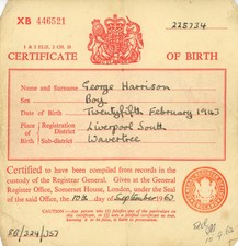 George Harrison 1963 Birth certificate signed by Mal Evans