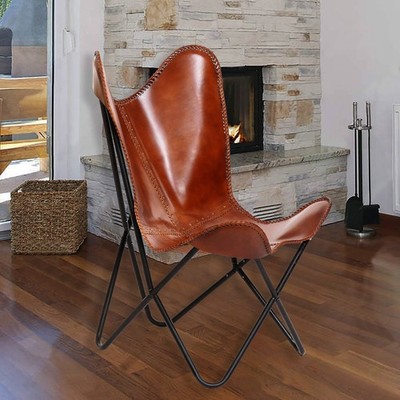 Monroe Brown Leather and Black Iron Butterfly Chair