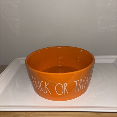 Rae Dunn 8  TRICK OR TREAT Pumpkin Dog Bowl Orange Luster Halloween New RAE DUNN