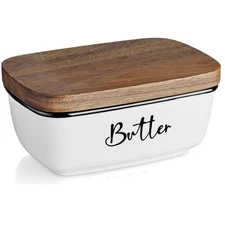 Large White Ceramic Butter Keeper with Thick Acacia Wood Lid - 2 Stick Capacity