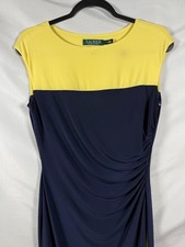 Ralph Lauren Ruched Navy blue/yellow sleeveless, knee length dress. Size 6