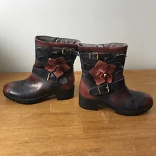 Socofy Ankle Boots Zip Shoes Size 38 EU 8 US Purple Red Leather Floral