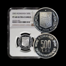 ROMANIA. 2003, 500 Lei - NGC PF68 - Crowned Eagle Sprig Shield Coat of Arms RARE