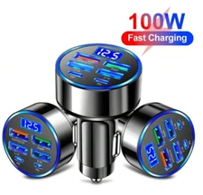 1pc 100W 6-Port Car Charger PD3.0 QC3.0 USB-C Fast Charging Adapter with Display