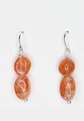 Sunstone Natural Gemstone  9mm x 12mm Oval .925 Sterling Silver Earrings 1 1/2''