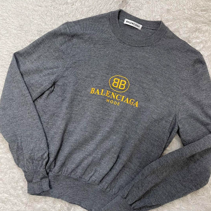 BALENCIAGA MODE Embroidered Logo Knit Sweater Gray Size XS