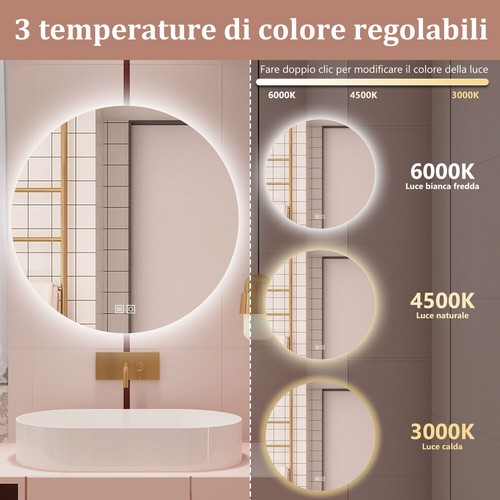 Specchio con LED, 3 Temperature di Colore, Disappannamento, Retroilluminato - Foto 3 di 7