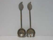 Pewter Fork And Spoon Salad Server Set Leaf Shaped Handle