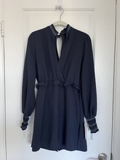 NWT Zara Basic Navy Blue Faux Wrap Long Sleeve Romper Pockets Ruffle Ruching L
