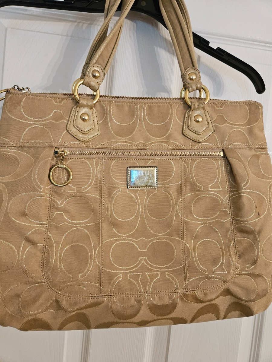 Coach Poppy Gold Signature Glam Tote HandBag Blue Lining Gold