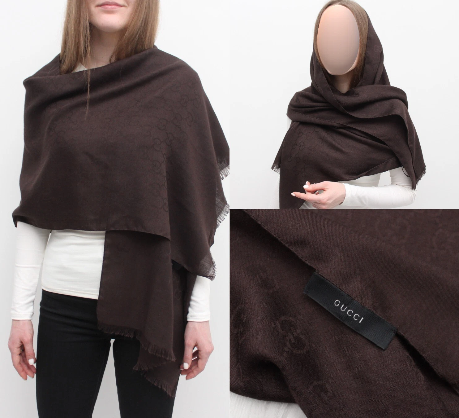 Foulard châle femme GUCCI monogramme laine soie RARE fabriqué en ITALIE marron