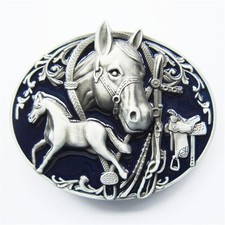 Western Zinc alloy Leather Belt Buckle Oval Enamel Horses Rodeo Shape Pattern