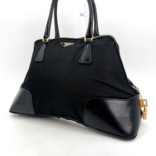 PRADA Hand Bag NYLON Leather GOLD Padlock Triangle Plate  Black Made In ITALY