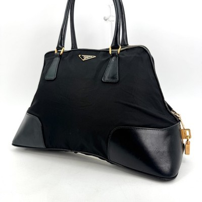 PRADA Hand Bag NYLON Leather GOLD Padlock Triangle Plate  Black Made In ITALY