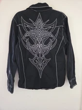 Mens Roar Strength Refined Black Heavily Embroidered Long Sleevw Button Up Sz L
