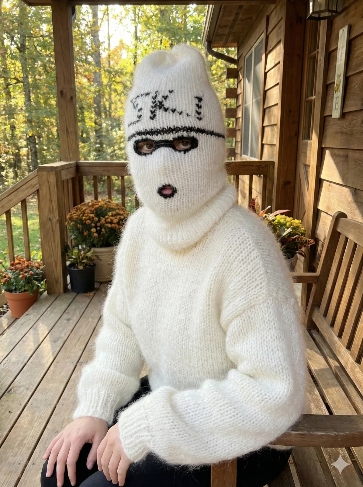 Balaclava Ski Mask White/Black "SKI" 3 Hole Winter Hat Mohair/Alpaca Blend