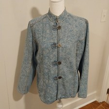Vintage Chico's Denim Jacket Subtle Paisley Print Toggle Closure Womens Size 2