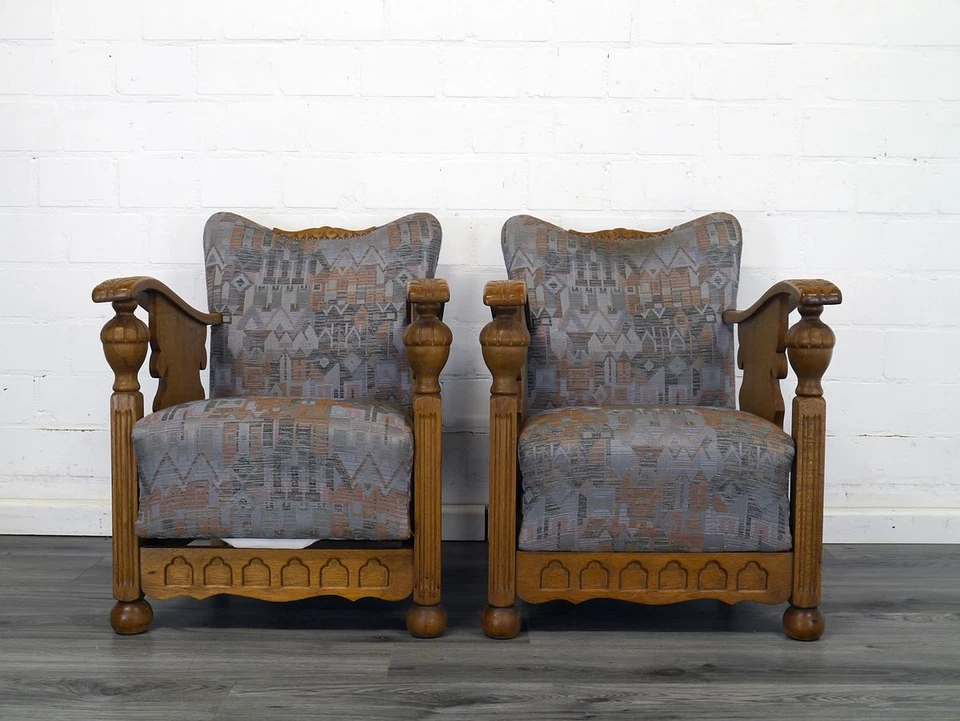 2 Vintage Lounge Sessel 50er Jahre Clubsessel aus Eiche Polstermöbel -11850- - Bild 2 von 4