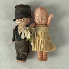 Antique 1920's Celluloid Kewpie Bride  Groom Dolls Wedding Cake Toppers
