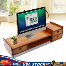Large Monitor Stand for Computer Screens Solid Bamboo Riser Natural Wood NEW