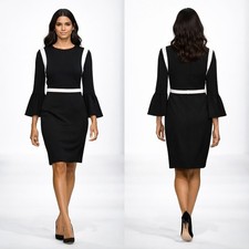 CALVIN KLEIN Black & White Piping Office Work Sheath Dress w/Bell Sleeves Size 6