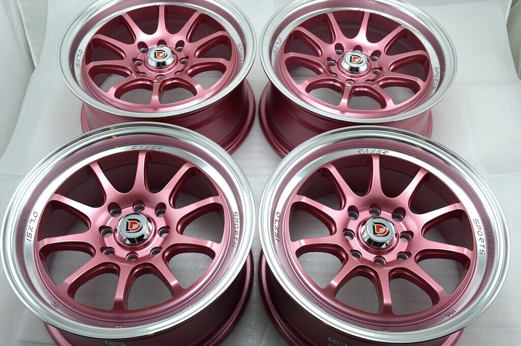 15" pink wheels rims Rio Mirage Civic Corolla CRX Prius Cooper MX3 4x100 4x114.3