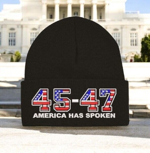 Trump 2024 Hat 45-47 America Has Spoken Black Winter Hat - Black Cuff Beanie - Picture 8 of 8