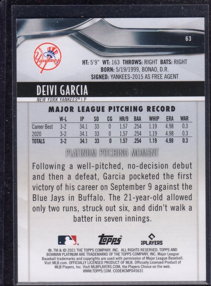 2021 Bowman Platinum Blue #63 Deivi Garcia New York Yankees ROOKIE Card  /150 - Image 2 of 2
