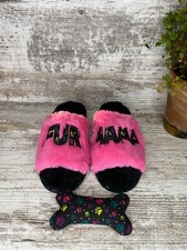 Women's Dearfoams "Fur Mama" Slide Slippers with Bone Dog Toy Size Small 5 - 6
