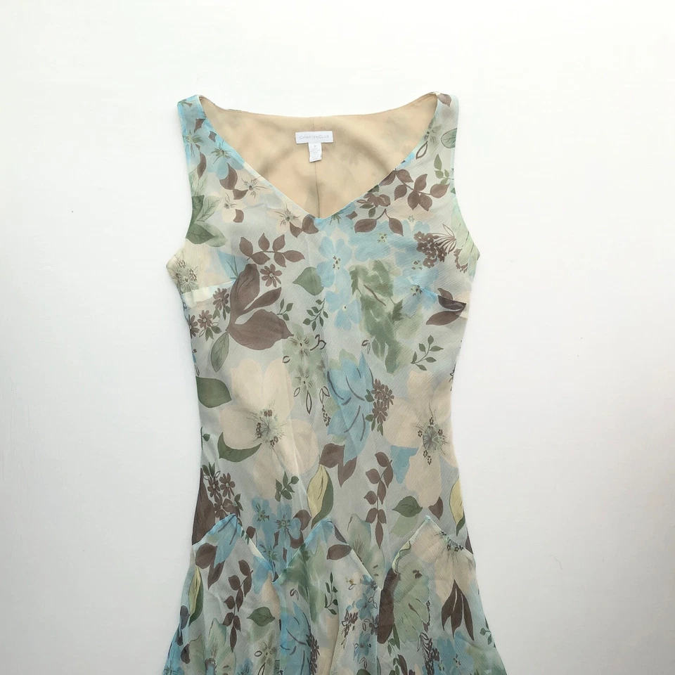 Vestido largo midi Y2K años 2000 floral bebé azul marrón beige acampanado 100 % seda 8 Foto 2 de 4