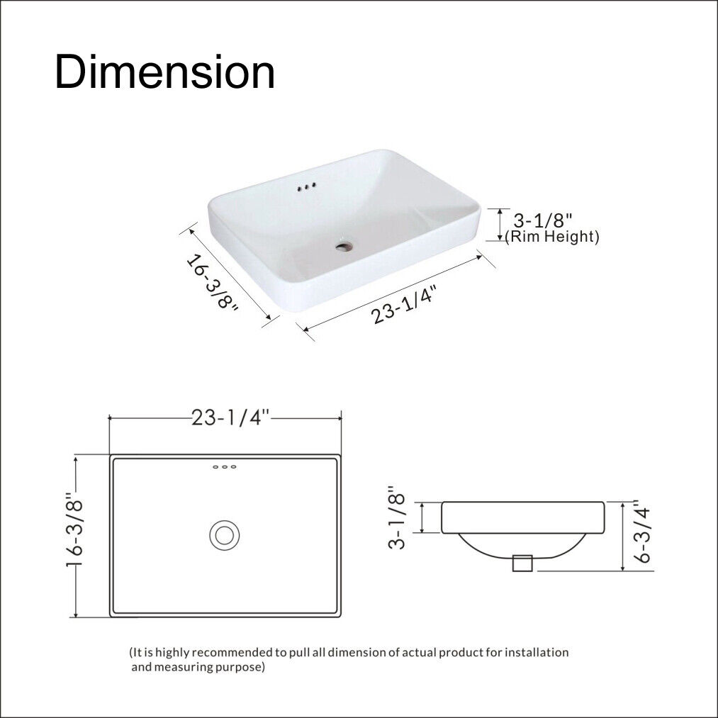 WinZo Rectangular Drop-in Bathroom Sink Semi Recessed Vessel Basin ...