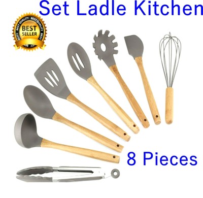 Set Silicone Kitchen Cooking Ladle Spoon Piece Wooden Handle Non-Stick 8 pc gray