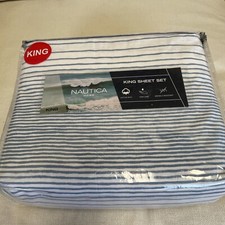 Nautica Hillridge Stripe KING Sheet Set Cotton Blend 60/40 Blue White NIP NEW P1