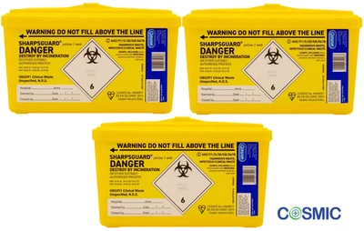 3X Sharpsguard Sharps Bin 1 litre Yellow Needle Box, Medical Waste Tub Container