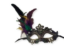 Purple Green Gold Mardi Gras Princess Venetian Masquerade Mask Feathers