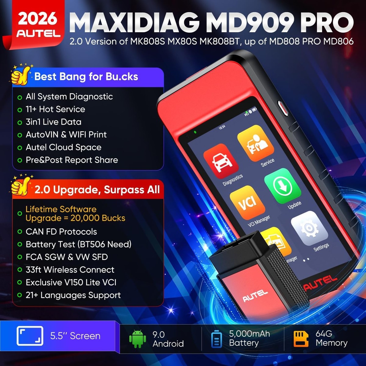Autel MaxiDiag MD909 PRO - Professional OBD2 Scanner with Lifetime