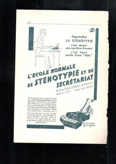 affiche ancien publicité tirée revue 1930 ecole normale sténotypie secretariat