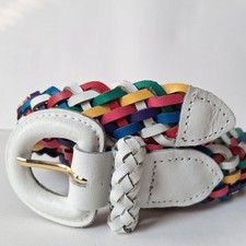 CHIC Women  s Multicolor  White Braided Belt Size L Genuine Split Leather VTG