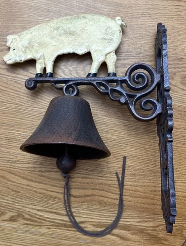 Vintage Heavy Cast Iron Farm Bell and Mounting Bracket With Pig Design  ~ RARE