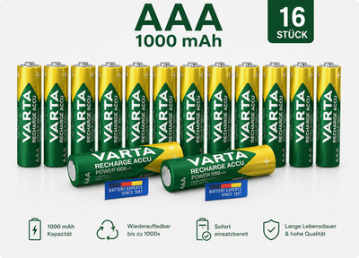 16 Stück  Wiederaufladbar VARTA RECHARGE micro ACCU Power AAA 1000mAh Akku HR03