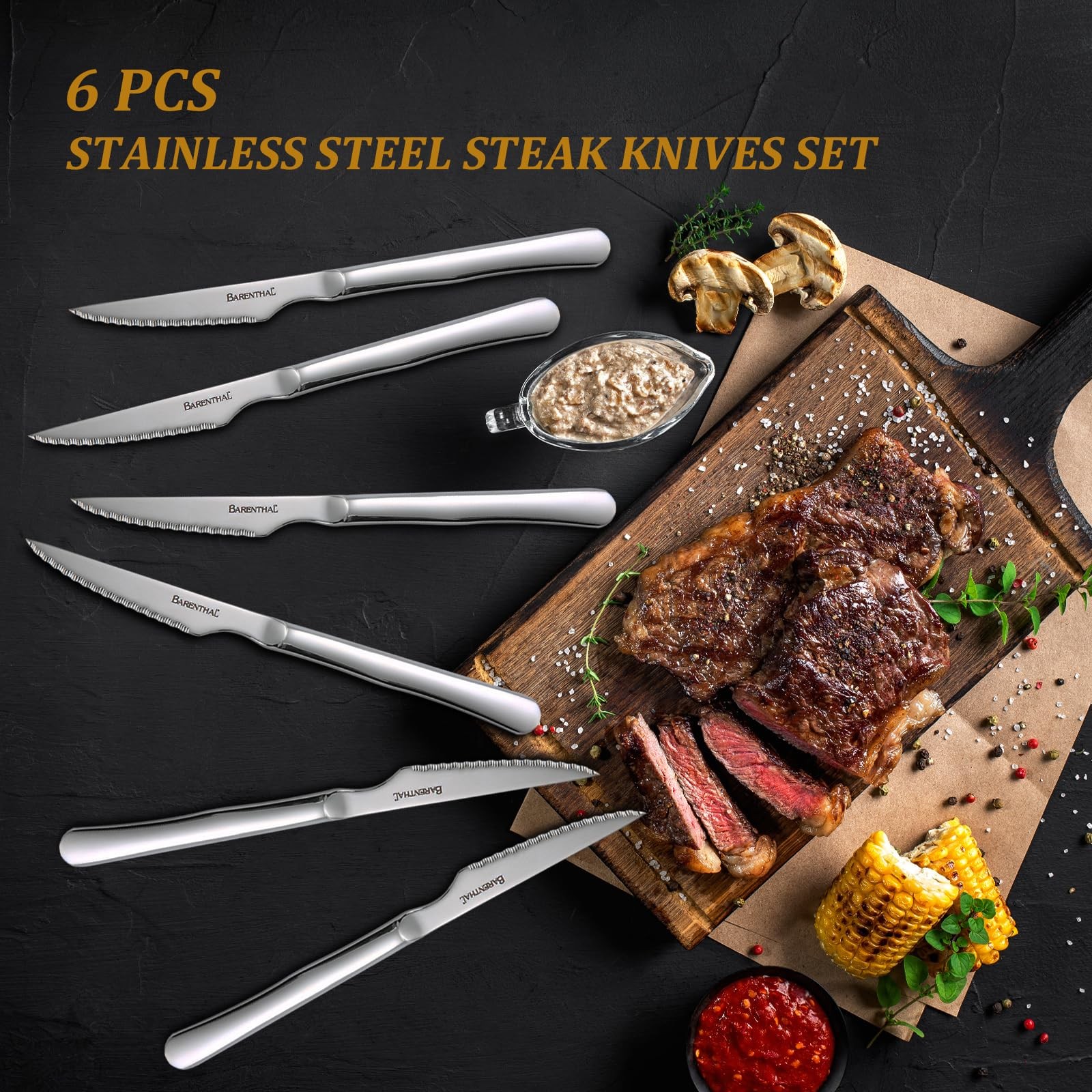 Steak Knives Set German Stainless Steel 4.8 Inch Serrated Sharp Knife 6 PCS