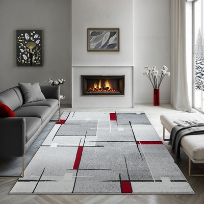 Abstrakt Design Teppich Kurzflor Wohnzimmer Beige Grau Rot