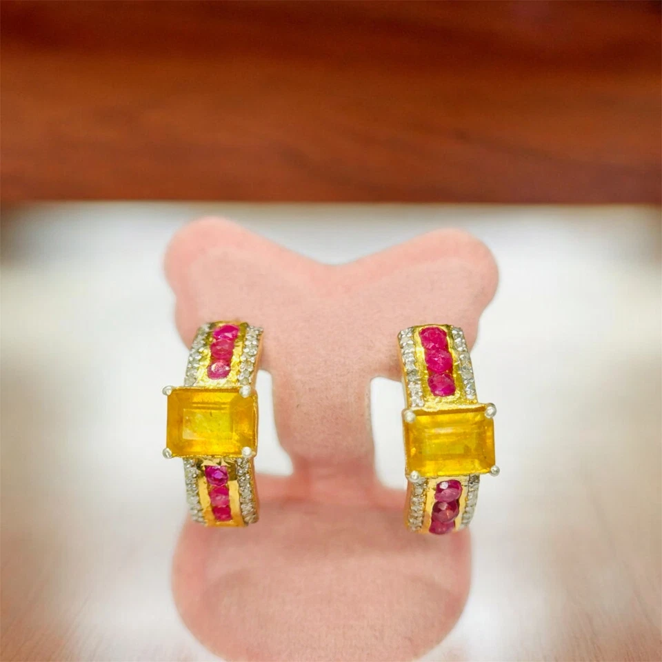 Natural Yellow Sapphire Ruby Earrings | 14K Gold Plated Vintage Style Stud - Image 4 of 4