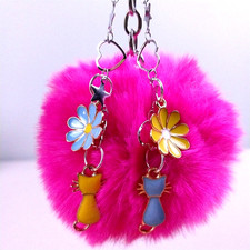 Keychain, Bag Clip, Purse Charm with Cats, Flowers, Pink Pom Pom