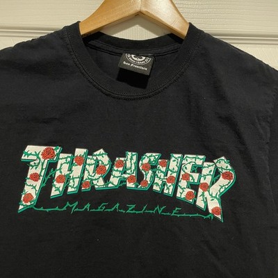 Thrasher Magazine Rose Logo Graphic T-Shirt Black Skateboard Streetwear Mens S
