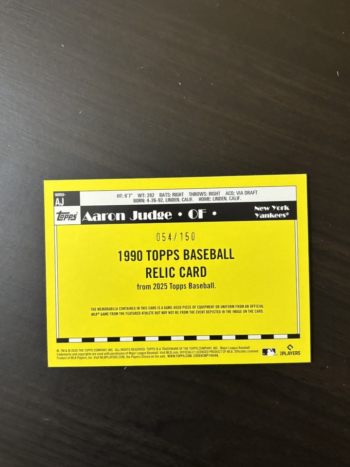 Aaron Judge 2025 Topps 1990 Relic Blue /150 #90RU-AJ GU Jersey New York ...