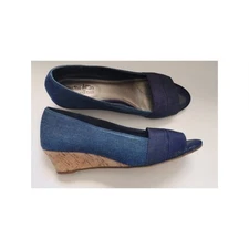 Coach and Four Wedge Espadrilles Open Toe Navy Blue Denim Look Sz 8