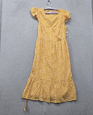 Old Navy Women Dress L Yellow Floral Midi Faux Wrap Cottagecore Ruffles NWT