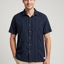 Scotch  Soda Mens XXL Navy Blue Pintuck Short Sleeve Guayabera Shirt 1860911