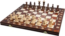 Handmade European Wooden Chess Set with 16 Inch Board and Hand Carved Chess Pie